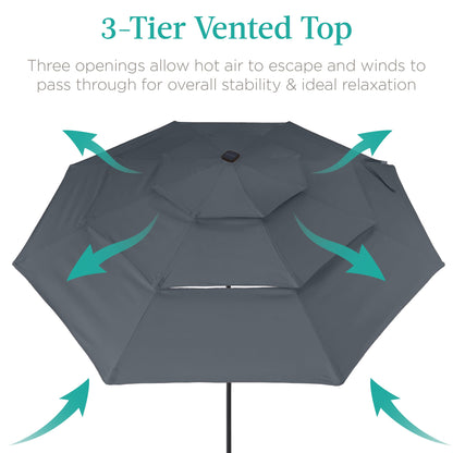 10ft 3-Tier Solar Patio Umbrella with Crank, Tilt Feature & 24 LED Lights