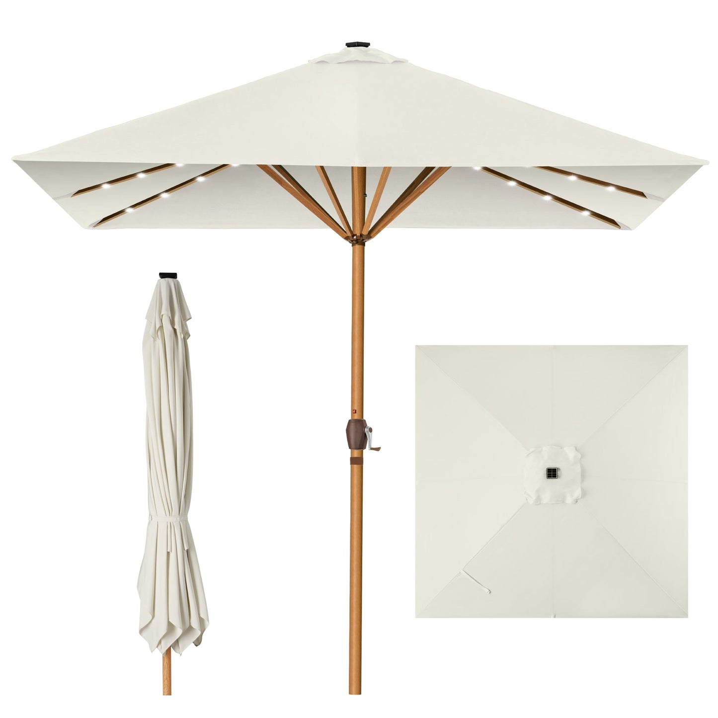 Square Solar LED Lighted Patio Umbrella w/ Faux Wood Texture - 9ft