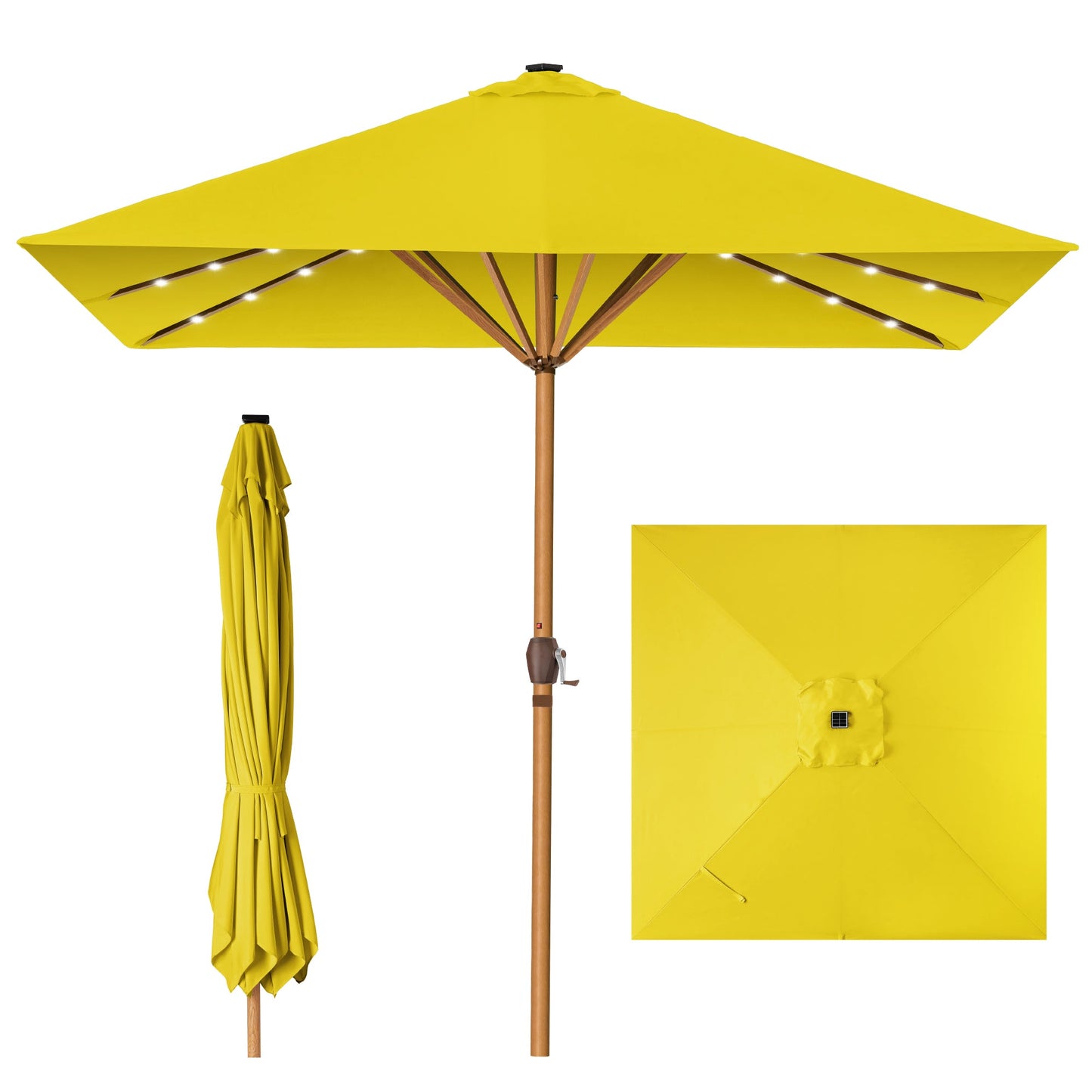 Square Solar LED Lighted Patio Umbrella w/ Faux Wood Texture - 9ft