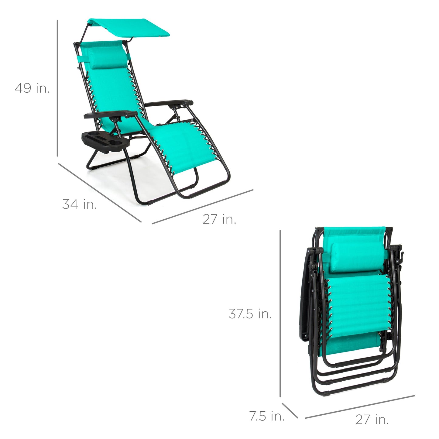 Folding Zero Gravity Recliner Patio Lounge Chair w/ Canopy, Side Tray