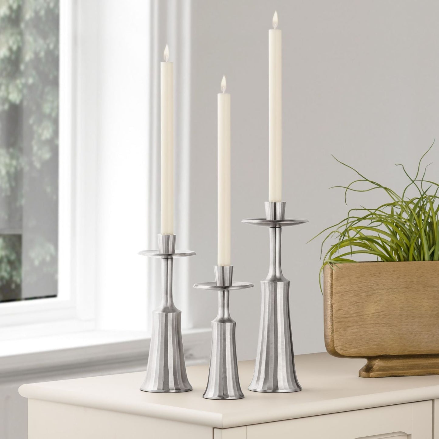 Ridged Taper Candle Holder - Pewter